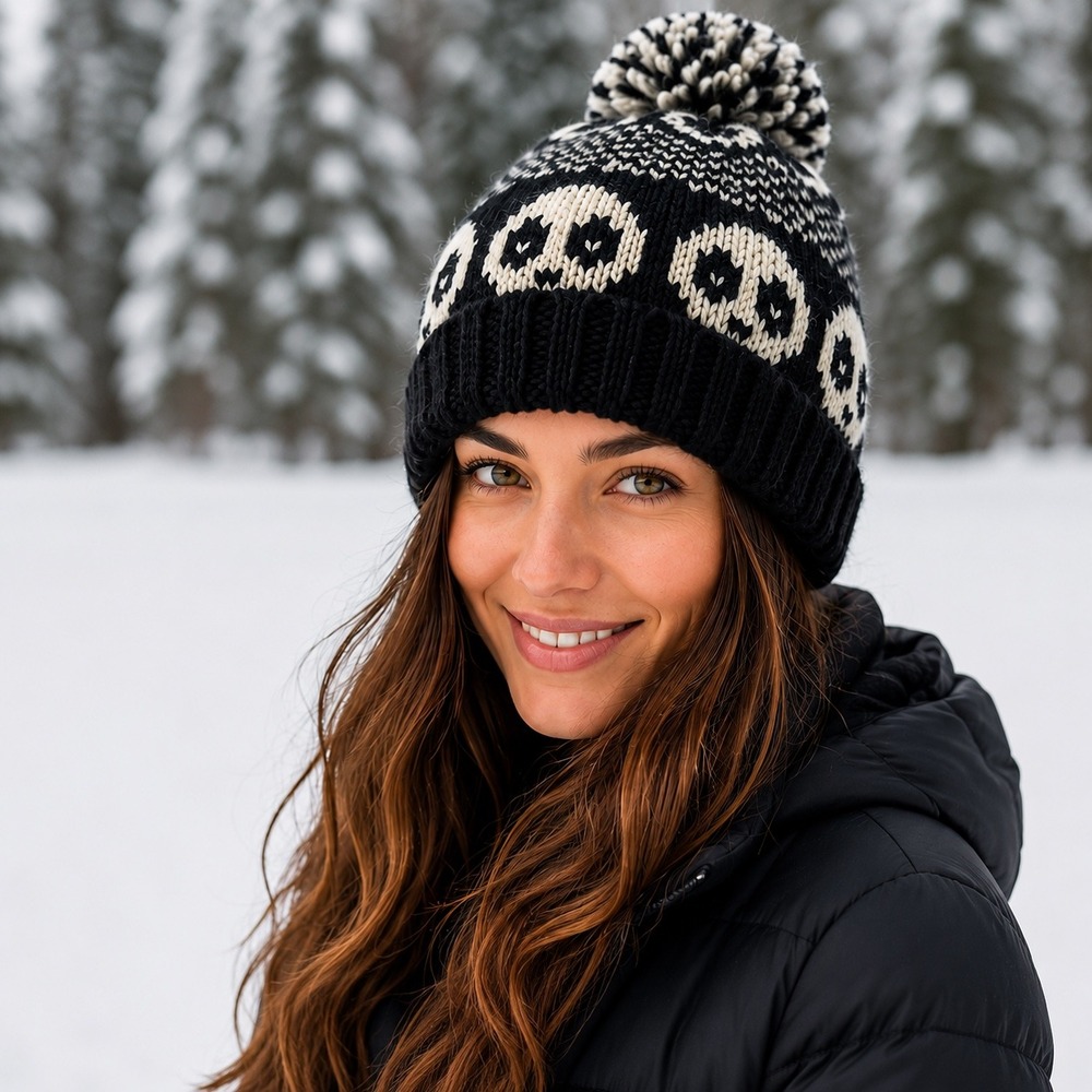 Panda Wool Beanie Hat Handmade Nepal Pom Pom Fleece Lined Black White Winter
